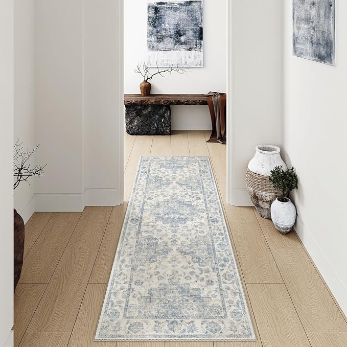 2x5 Washable Neutral Runner Rug Blue Vintage Hallway Kitchen Carpet Non-Slip - Image 3