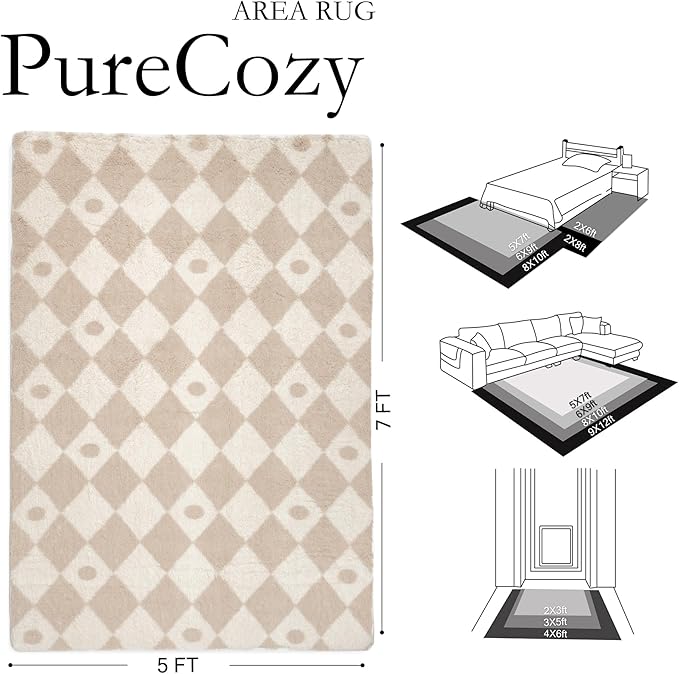 PureCozy Checkered Rug 5x7 Fluffy Shag Living Room Beige Area Rug Modern - Image 2