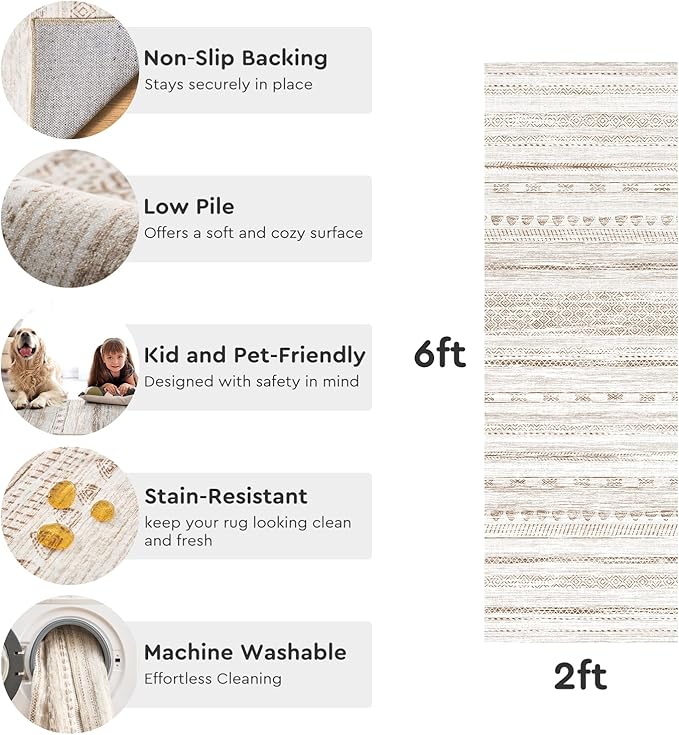 2x6 Runner Rug Machine Washable Non Slip Area Rug Distressed Neutral Moroccan - Image 6