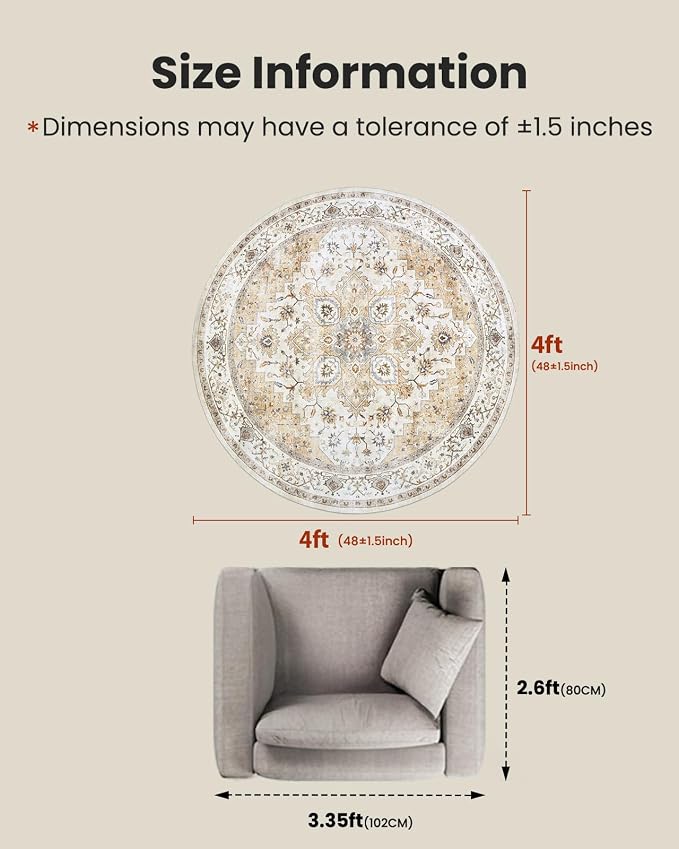 AMADA HOMEFURNISHING Round 4ft Area Rugs, Low-Profile Washable Rug - Image 2