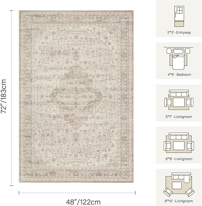 Rugxara Washable Area Rug for Living Room, Vintage Neutral Boho Rugs for Office - Image 2