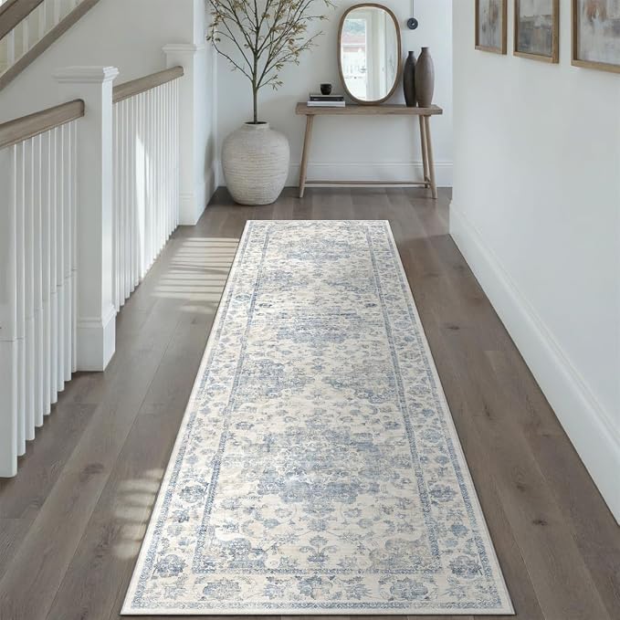 2x8 Washable Neutral Runner Rug Blue Vintage Hallway Kitchen Carpet Non-Slip - Image 3