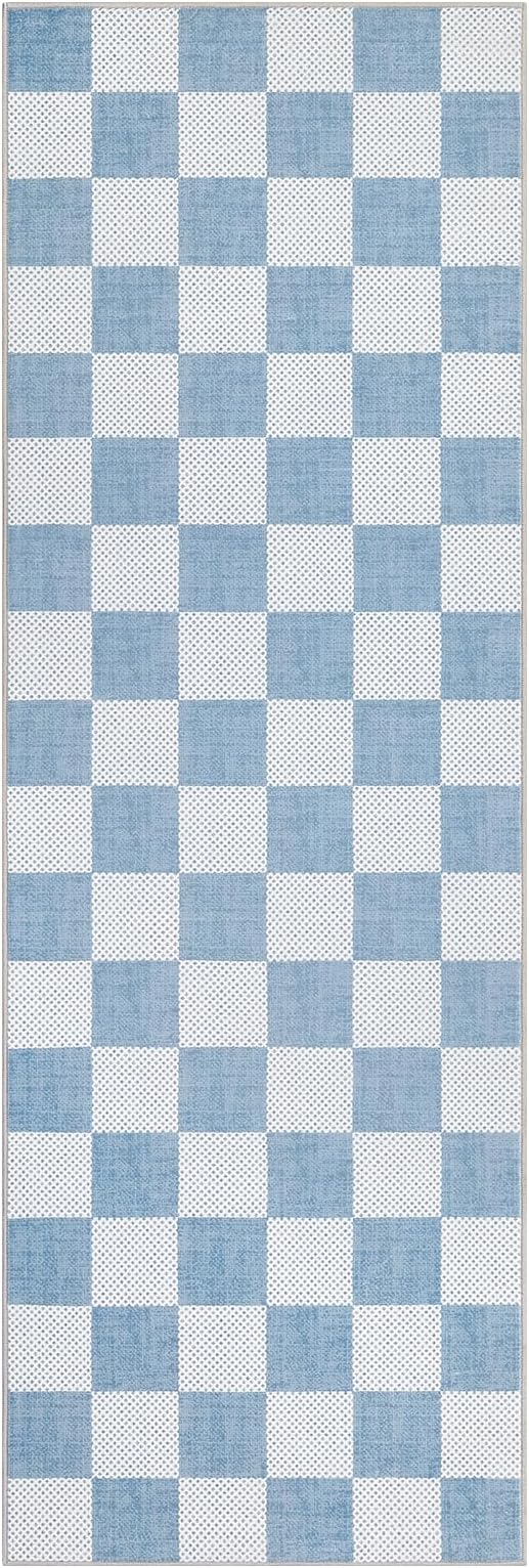 GarveeHome Checkered Light Blue and White 2x6 Washable Kitchen Runner Rug - Image 5