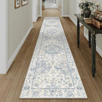 2x12 Washable Neutral Runner Rug Blue Vintage Hallway Kitchen Carpet Non-Slip by WondRg