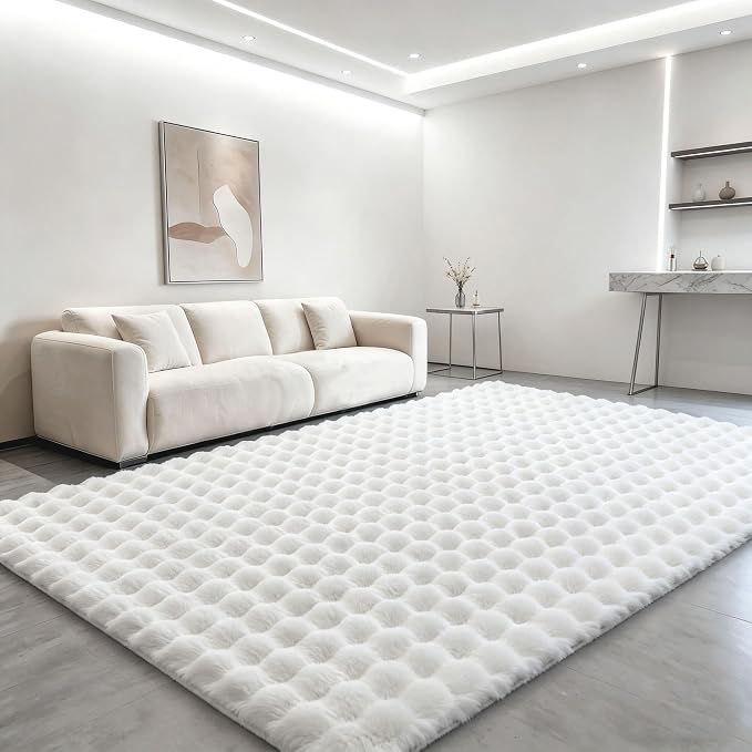 White Rabbit Plush Rug 8'x10', Fluffy Faux Fur Shaggy Area Rug by CHOVY