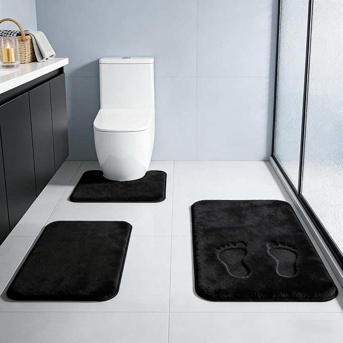 Black Bathroom Rug Set Memory Foam Bath Mats 3 Piece by RUNHELIX