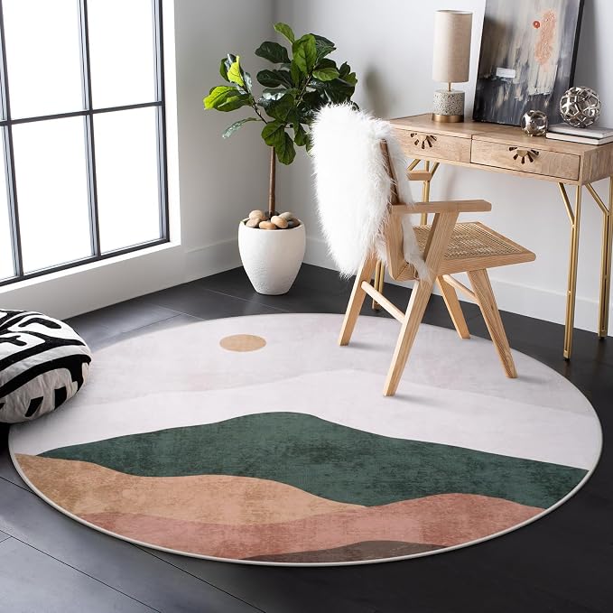 4ft Abstract Round Rug, Soft Washable Non-Slip Sun and Mountain Circle Kids by Sungea