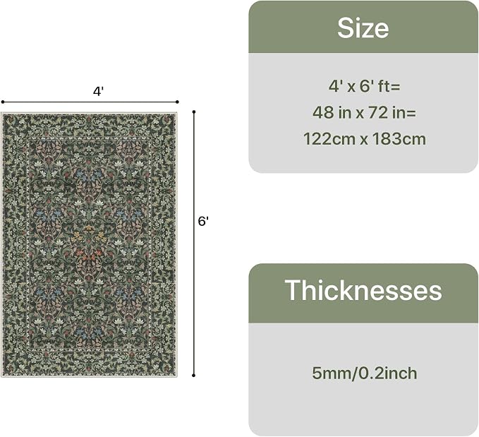 GENIMO Washable 4x6 Area Rug, Vintage Boho Floral Carpet, Soft Low-Pile - Image 2