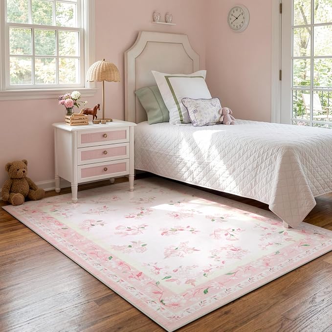 LIVEBOX 5x7 Soft Nursery Rug for Baby Girl, Light Pink Rug Non-Slip Faux Wool - Image 3