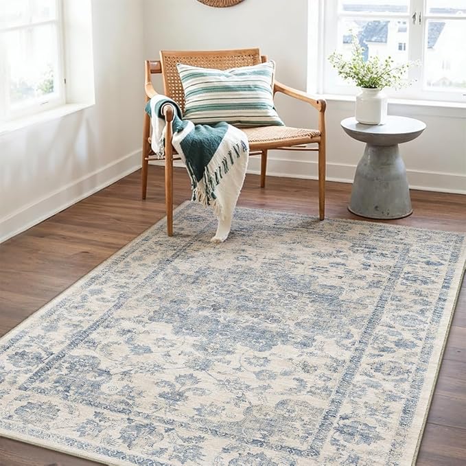 3x5 Washable Neutral Area Rug Blue Vintage Entryway Office Carpet Non-Slip Soft - Image 3