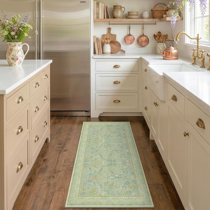 2x4 Small Green Kitchen Rugs Non Slip, Floral & Botanical Shabby Chic Washable - Image 8