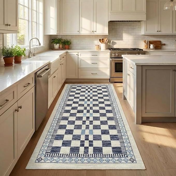 GarveeHome Runner Rug 2x10 for Kitchen Blue Contemporary Checkered Long Rug for by GarveeHome
