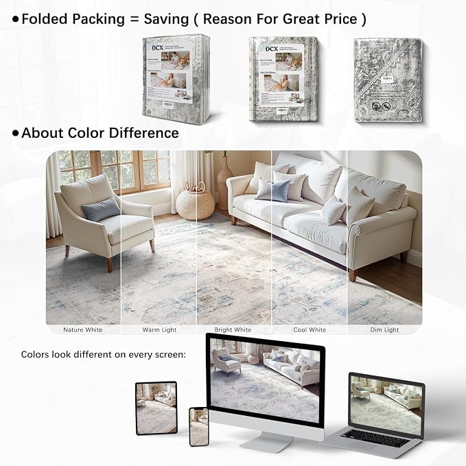 DCX 8x10 Haze Blue Rug, Machine Washable Stain Resistant Distressed Vintage Rug - Image 4