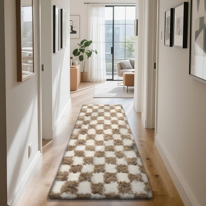 Checkered Rug for Bedroom, 3x7 Beige and White Area Rugs, Classic Checkered by Yongyangjuxi