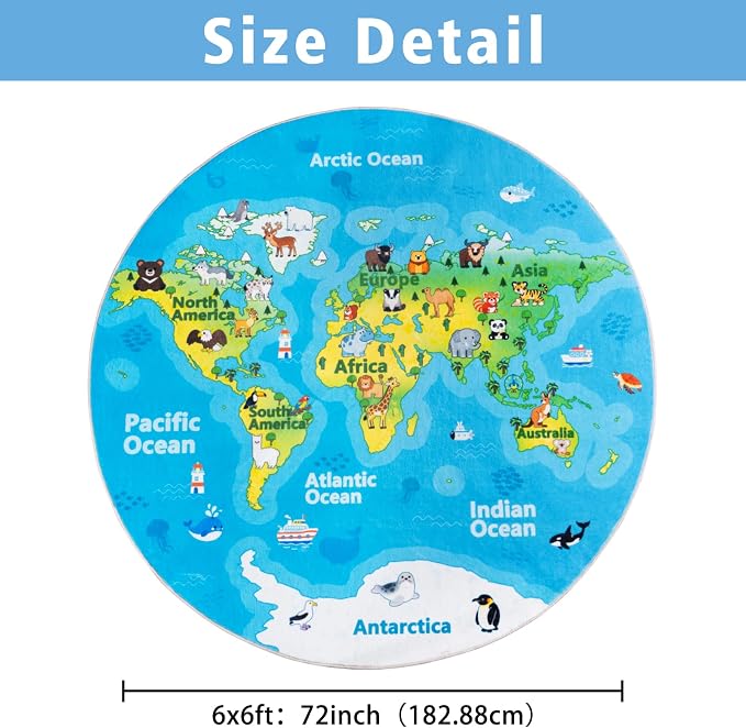 Kids Playroom Rug, 6x6ft Round World Map Play Mat - Image 2