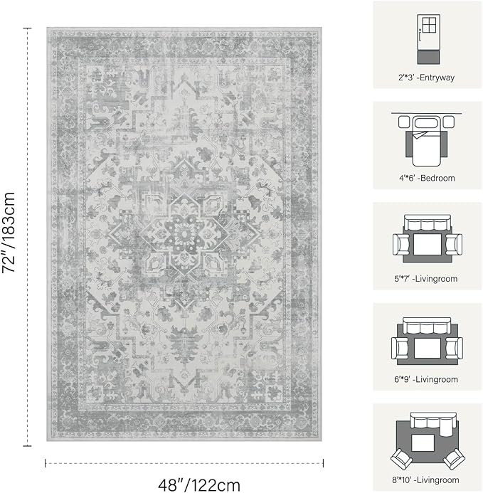Rugxara Washable Area Rug for Living Room, Neutral Vintage Boho Rugs for Office - Image 2