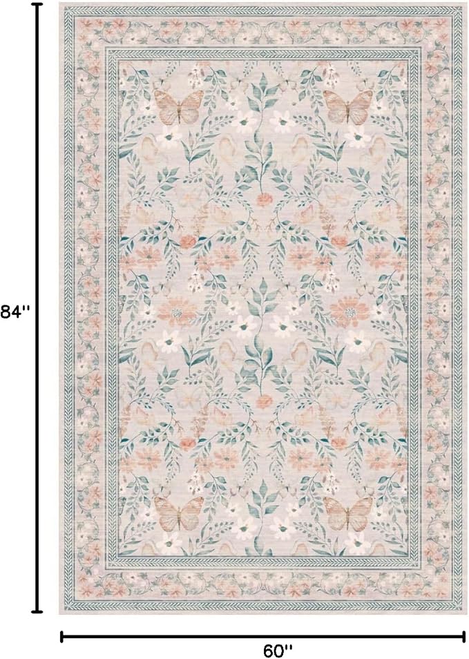 Rugxara Pink Floral 5x7 Washable Area Rug, Vintage Boho Non Slip, Low Pile Rugs - Image 2