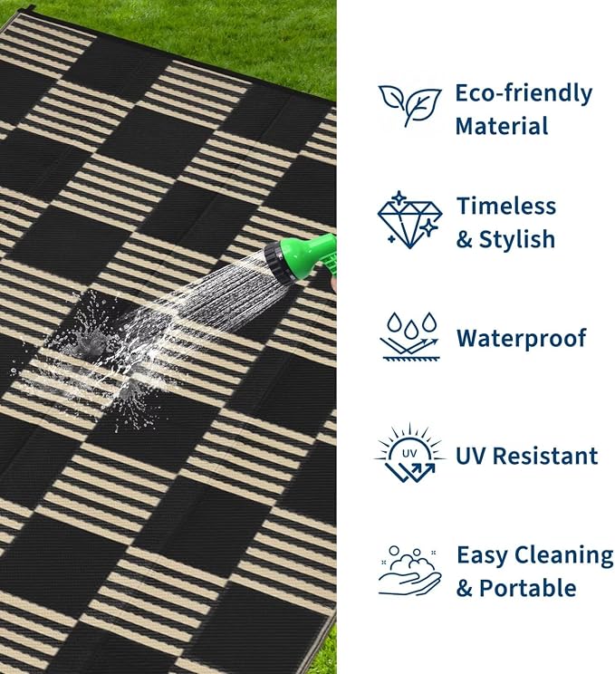 Garvee Waterproof Outdoor Rug 10x14, Checkered Foldable Plastic Straw Patio - Image 3