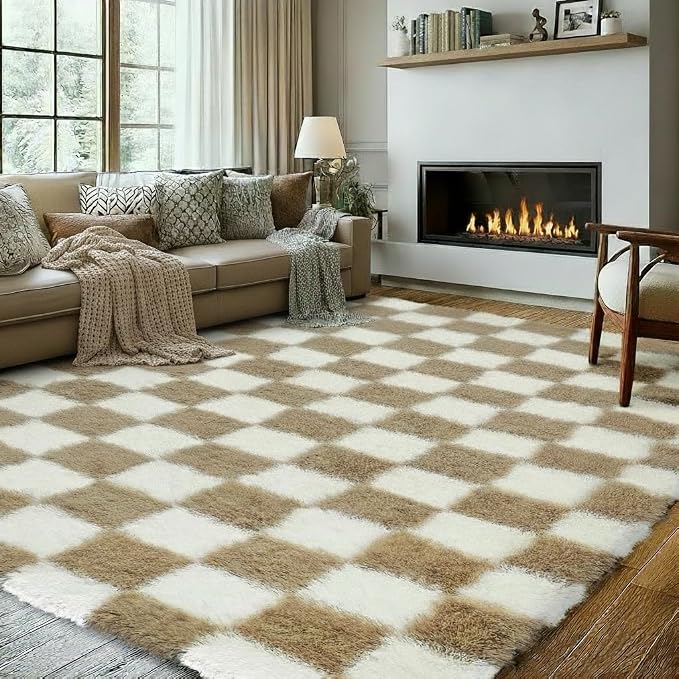 Super Soft Rug for Bedroom, 8x10 Ft Beige and White Area Rug Classic Checkered - Image 8