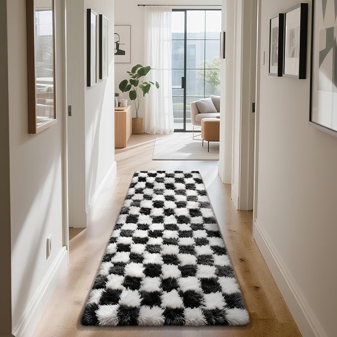 Checkered Rug for Bedroom, 3x7 Black and White Area Rugs, Classic Checkered - Image 3