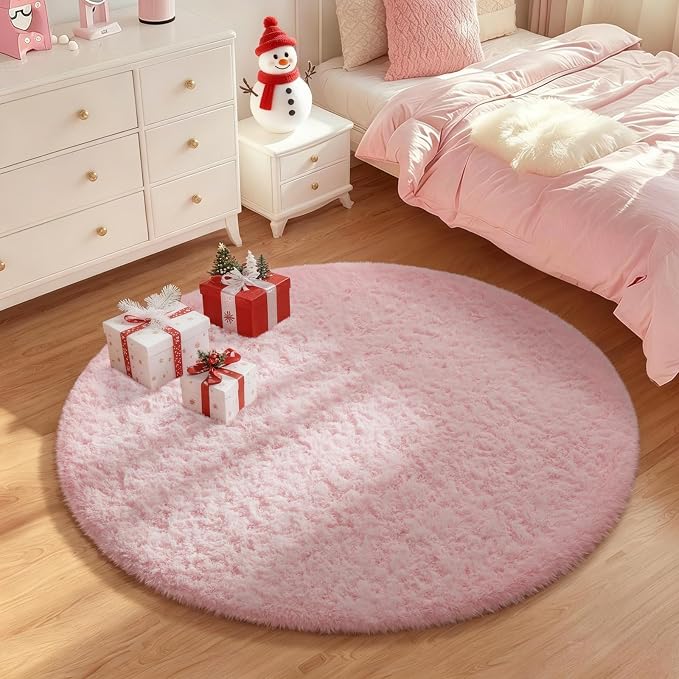 Ophanie Pink Round Rug for Bedroom Girls, Kids Fluffy Kawaii Fuzzy Shag Circle - Image 5