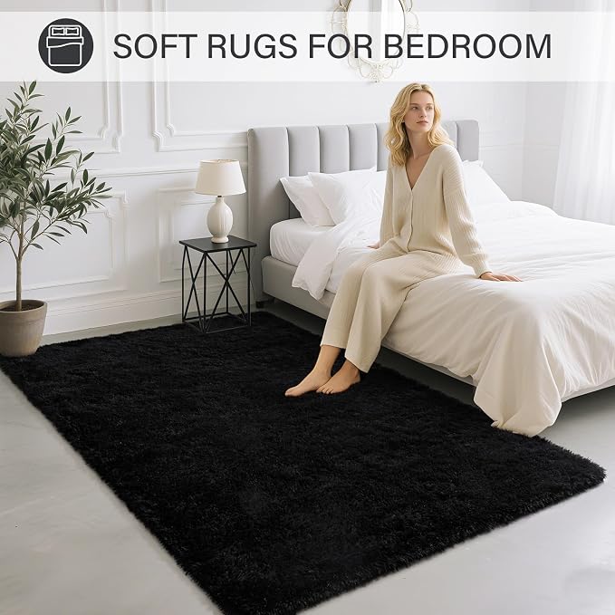 BENRON Fluffy Black Rugs for Living Room Bedroom 4x6, Soft Plush Fuzzy Shaggy - Image 4