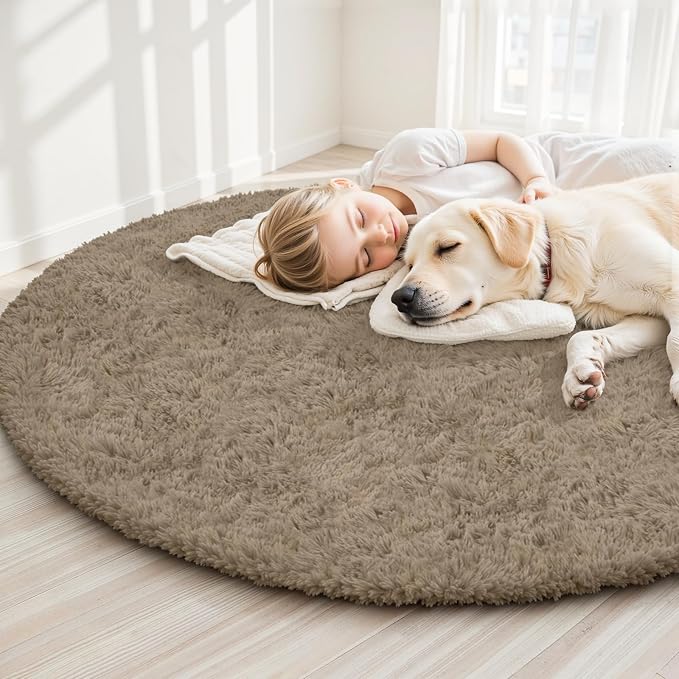 Gray Camel Round Fluffy Rug 5ft, Soft Bedroom Circle Rugs Mats - Image 3