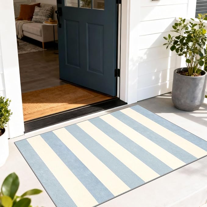 Blue White Striped Outdoor Rug - Image 9