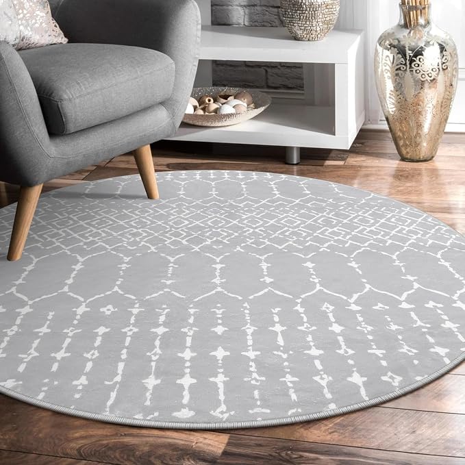 Lahome Moroccan Round Washable Rug 3Ft Small Circle Soft Non-Slip Grey Bathroom - Image 9