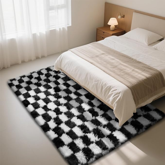 Checkered Rug for Living Room, 8x10 Black and White Area Rugs, Classic - Image 2