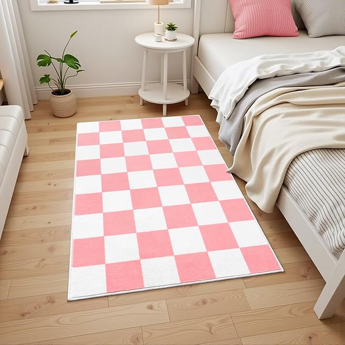 Terrug Pink and White Checkered Rug - Image 2
