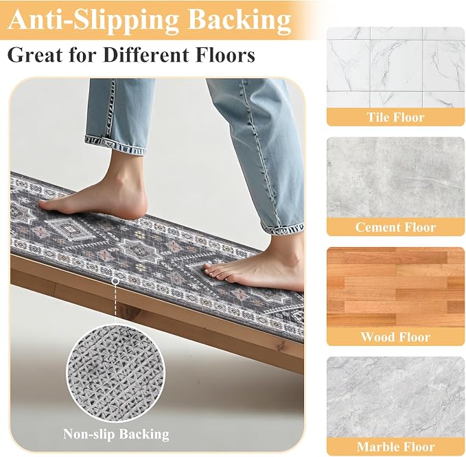 HEBE Boho Kitchen Rugs Sets of 2, Non Slip Washable Kitchen Mats - Image 3