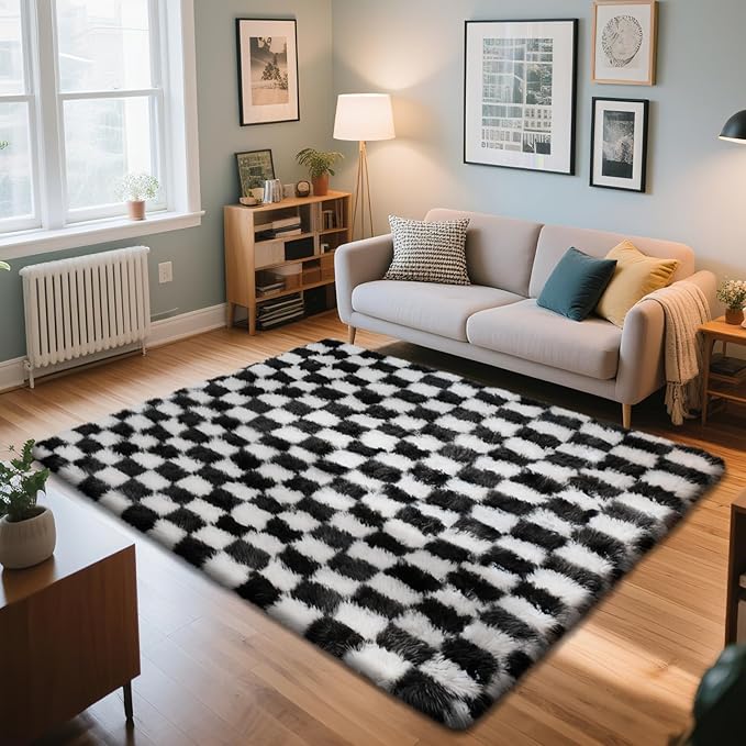 Checkered Rug for Bedroom, 5x8 Black and White Area Rugs, Classic Checkered - Image 3