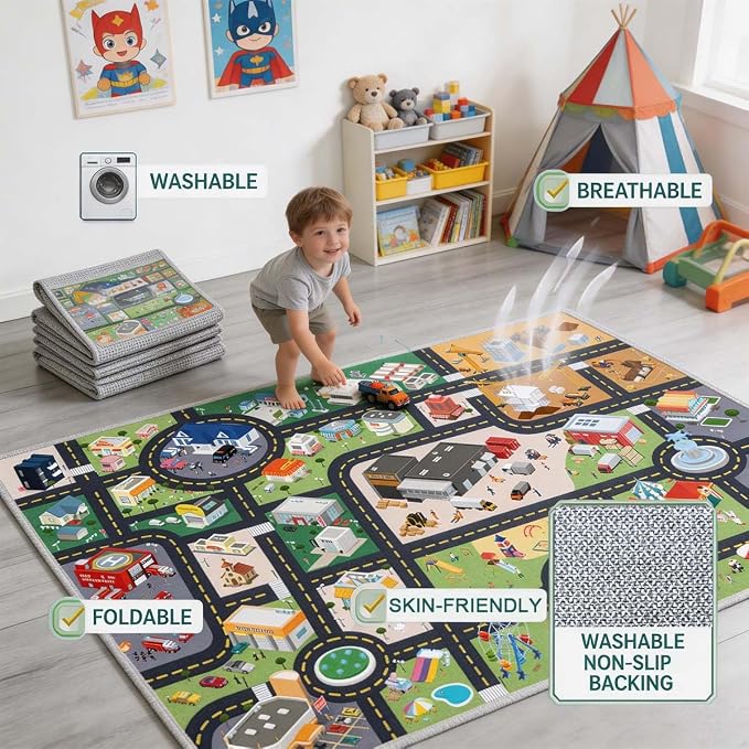 Kids Rug Playroom Car Play Mat City Life Road Rug - Image 4
