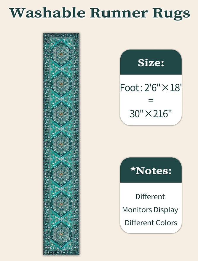 SERISSA Runner Rug for Hallways, Extra Long Boho Rug Ultra Soft Vintage Teal - Image 6