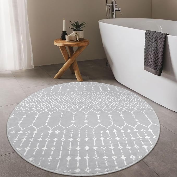 Lahome Moroccan Round Washable Rug 3Ft Small Circle Soft Non-Slip Grey Bathroom - Image 6