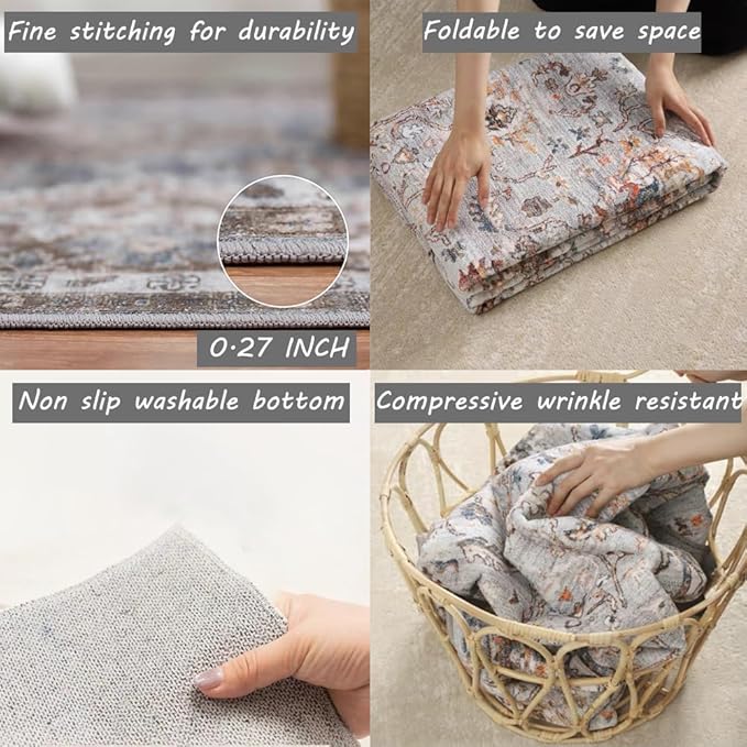 CHAMPLANT 5x7 Washable Thin Foldable Area Rug Gray Vintage Rug Traditional - Image 4