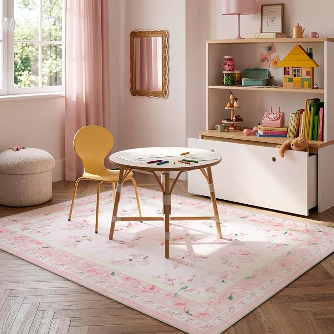 LIVEBOX 5x7 Soft Nursery Rug for Baby Girl, Light Pink Rug Non-Slip Faux Wool - Image 4