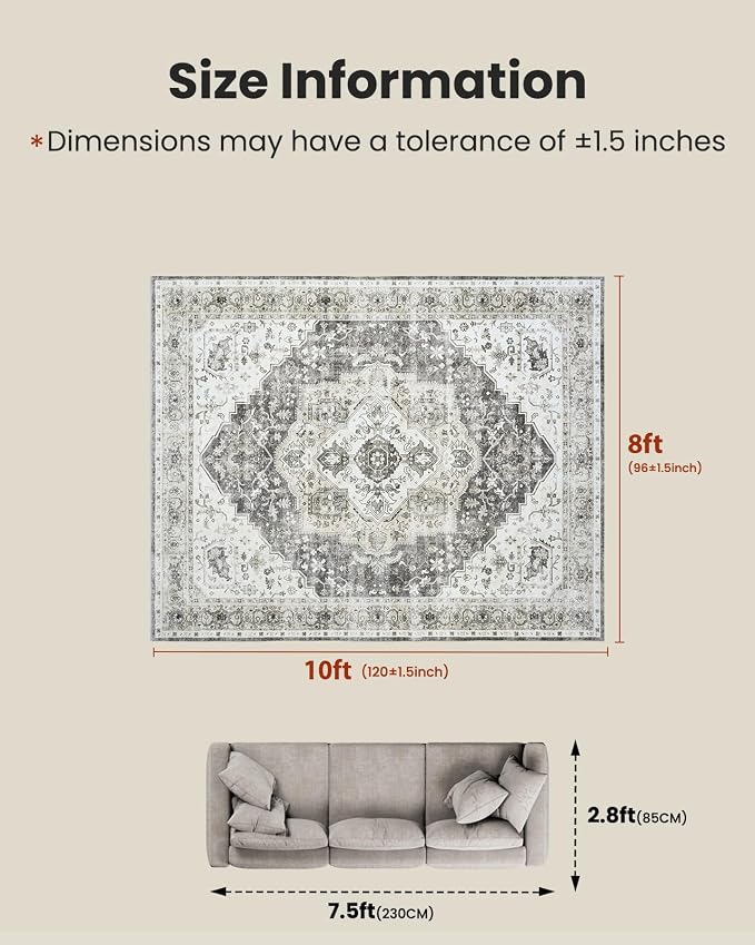 AMADA HOMEFURNISHING Grey 8x10 Area Rug, Washable Low-Profile Large Area Rug - Image 2