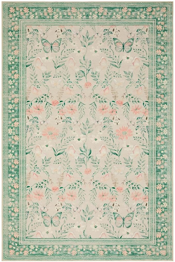 Rugxara Green Floral Rug for Living Room Bedroom, 5x7 Washable Rug, Vintage - Image 10