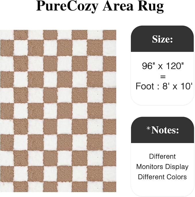 PureCozy 8x10 Area Rugs for Living Room Brown Soft Shag Checkered Large Rug - Image 3