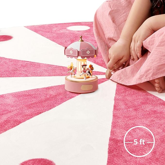 jinchan 5ft Round Rug Hot Pink Washable Fun Cute Playroom Mat Non Slip Cheerful - Image 4