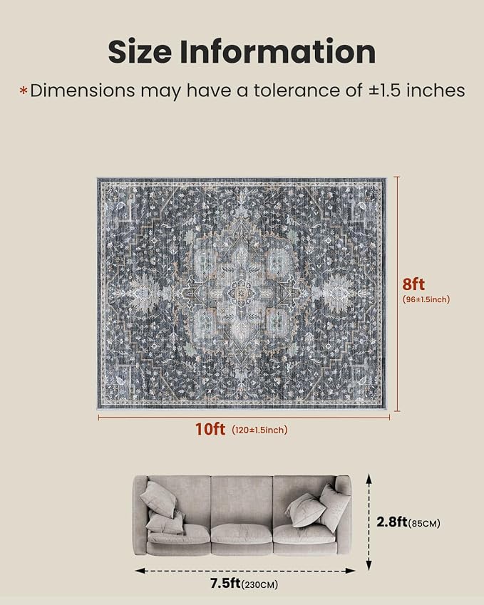 AMADA HOMEFURNISHING 8x10 Washable Area Rug, Low-Profile Large Area Rug - Image 2