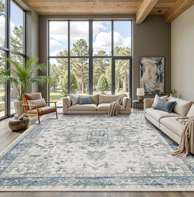 Rugxara 9x12 Extra Large Washable Area Rug, Soft Neutral Vintage Boho Rug by Rugxara