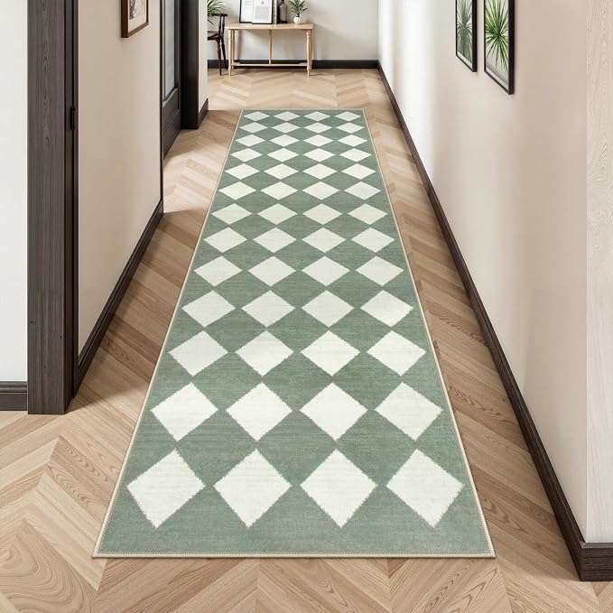 Lahome Zelie Checkered Washable 2x8 Green Runners by Lahome