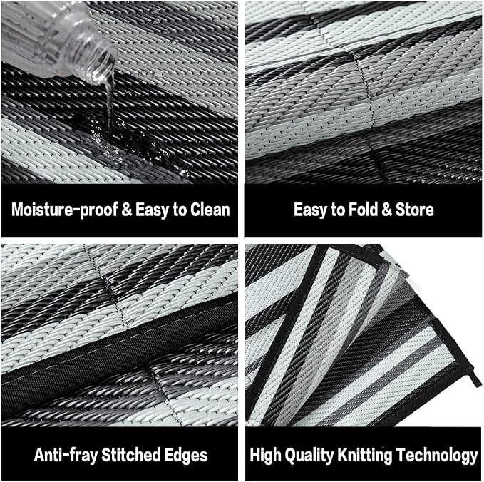 Outdoor Plastic Straw Rug Waterproof Patio 6x9 Black White Stripe Mat - Image 7
