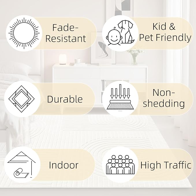 5x7 Geometric Solid Beige Area Rug – Washable, Durable Non-Slip Indoor Carpet - Image 3