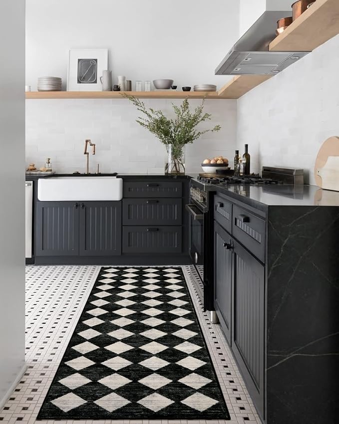 Checkered Kitchen Runner Rug 2x8 Black and White, Hallway Non Slip Washable - Image 8