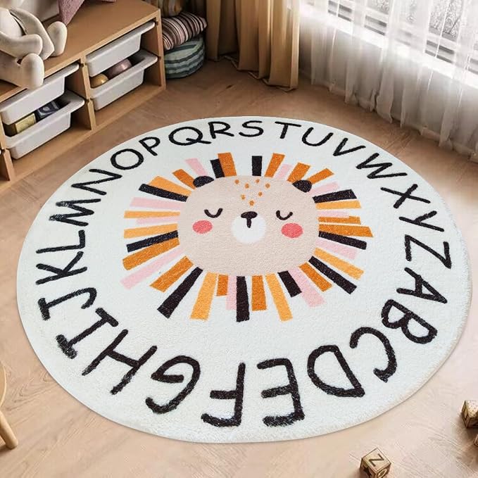 Poowe ABC Lion Kids Room Rug, 47.2" Round Washable Area Rugs - Image 3