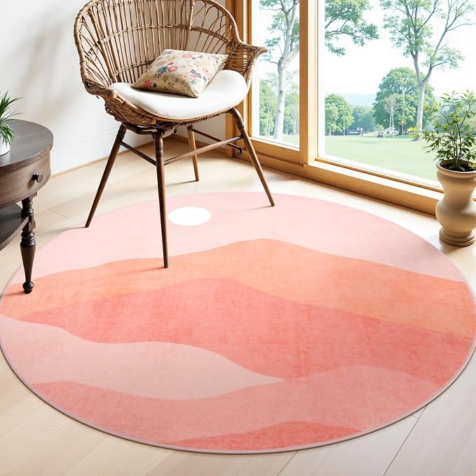 Pink Round Rugs, 4Ft Soft Nursery Rug Non Slip Washable Circle Rug, Modern by Sungea